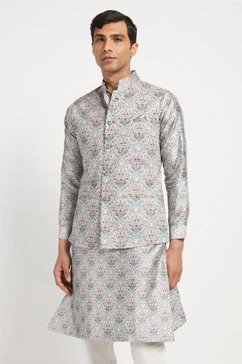 Rabani & Rakha_Grey Kurta Crepe Pant Cotton Silk Bundi Dupion Printed Set _Online_at_Aza_Fashions