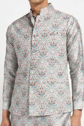 Buy_Rabani & Rakha_Grey Kurta Crepe Pant Cotton Silk Bundi Dupion Printed Set _Online_at_Aza_Fashions