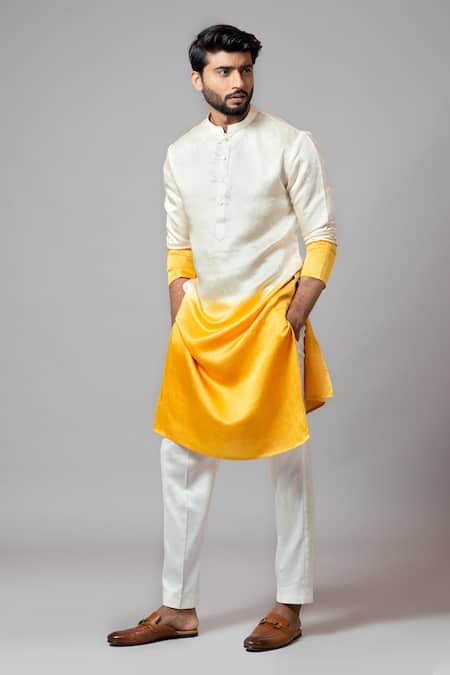 PAARSH_Beige Kurta Linen Satin Pajama Pant Malai Cotton Set_Online_at_Aza_Fashions