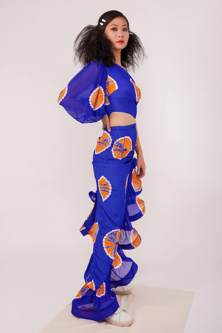 Surendri_Blue Viscose One Shoulder Tie-dyed Dress_Online_at_Aza_Fashions