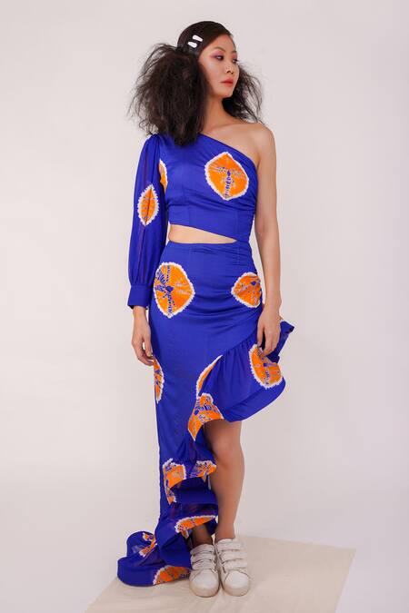 Buy_Surendri_Blue Viscose One Shoulder Tie-dyed Dress_Online_at_Aza_Fashions