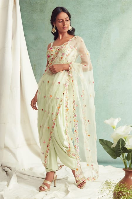 Shop Priyanka Jain Green Dhoti Pant Crepe Chanderi, Dupatta Organza Sweetheart Embroidered Set at Aza Fashions Shop_Priyanka Jain_Green Dhoti Pant Crepe Chanderi, Dupatta Organza Sweetheart Embroidered Set _at_Aza_Fashions