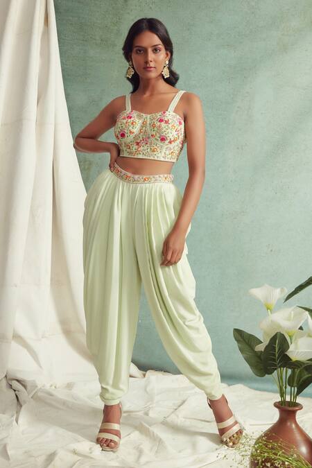 Shop Priyanka Jain Green Dhoti Pant Crepe Chanderi, Dupatta Organza Sweetheart Embroidered Set Online at Aza Fashions Shop_Priyanka Jain_Green Dhoti Pant Crepe Chanderi, Dupatta Organza Sweetheart Embroidered Set _Online_at_Aza_Fashions