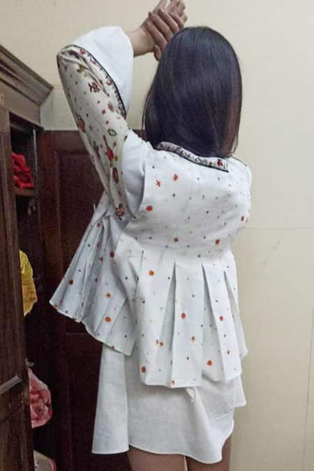 Shop Nikasha White Cotton Band Collar Embroidered Jacket at Aza Fashions Shop_Nikasha_White Cotton Band Collar Embroidered Jacket _at_Aza_Fashions