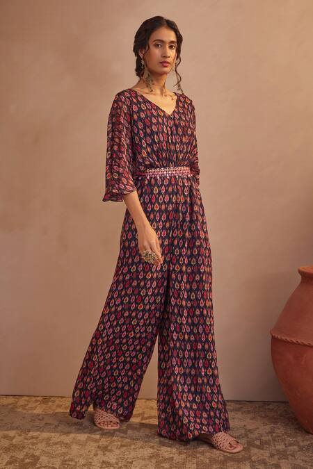Aneesh Agarwaal_Blue Chinon Chiffon Ikat Print, Mirror And Thread V Neck Jumpsuit _Online_at_Aza_Fashions
