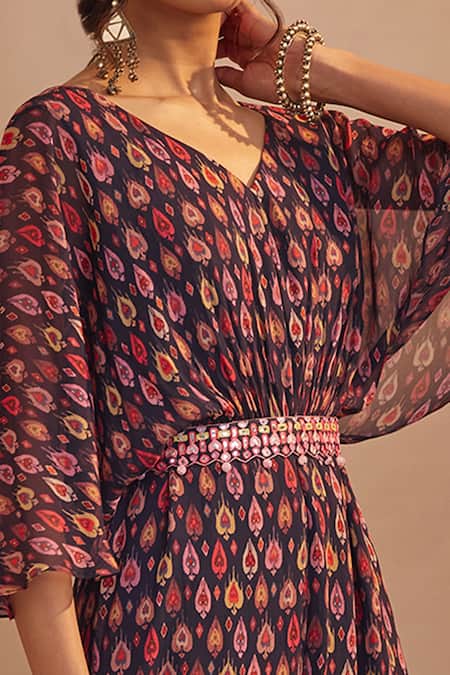 Buy_Aneesh Agarwaal_Blue Chinon Chiffon Ikat Print, Mirror And Thread V Neck Jumpsuit _Online_at_Aza_Fashions