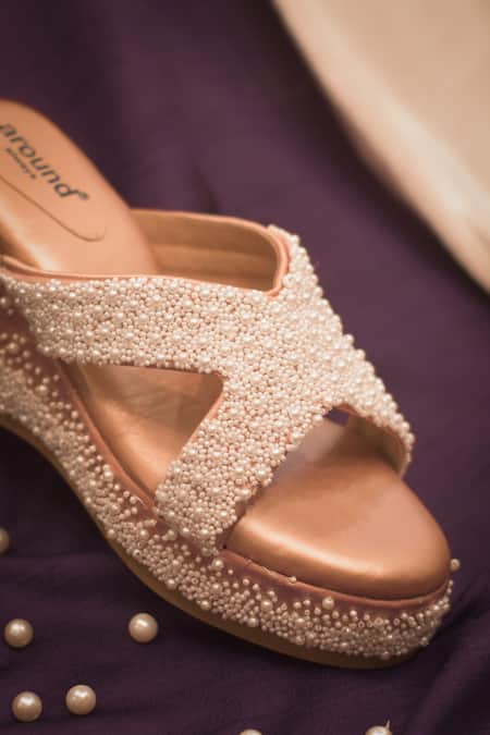 Around Always_Peach Pearls Embroidered Velvet Platform Wedges _Online_at_Aza_Fashions