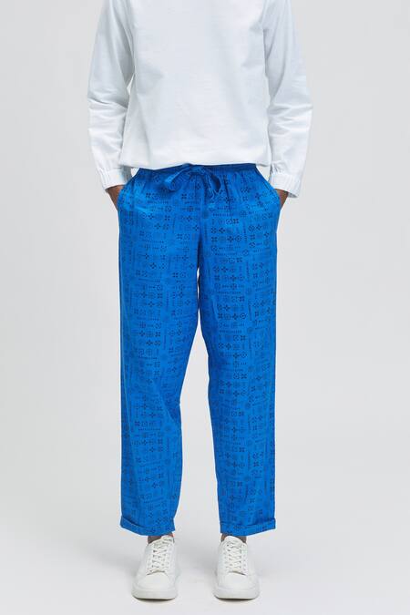 Terra Luna_Blue 100% Organic Handloom Oxford Cotton Moon Bloom Idle Print Pant_Online_at_Aza_Fashions