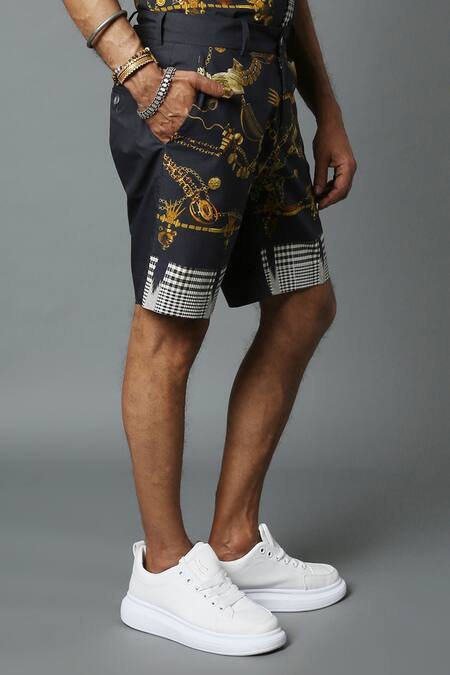 House Of Three_Black Cotton Poplin Jewel Dravida Print Shorts _Online_at_Aza_Fashions