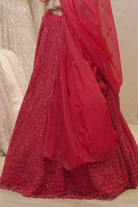 Shop Kalighata Red Organza Floral Sweetheart Neck Embroidered Bridal Lehenga Set Online at Aza Fashions Shop_Kalighata_Red Organza Floral Sweetheart Neck Embroidered Bridal Lehenga Set _Online_at_Aza_Fashions