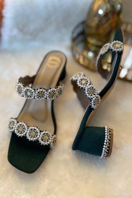 Modanta Footwear_Green Embroidery Diamond Block Heels _Online_at_Aza_Fashions