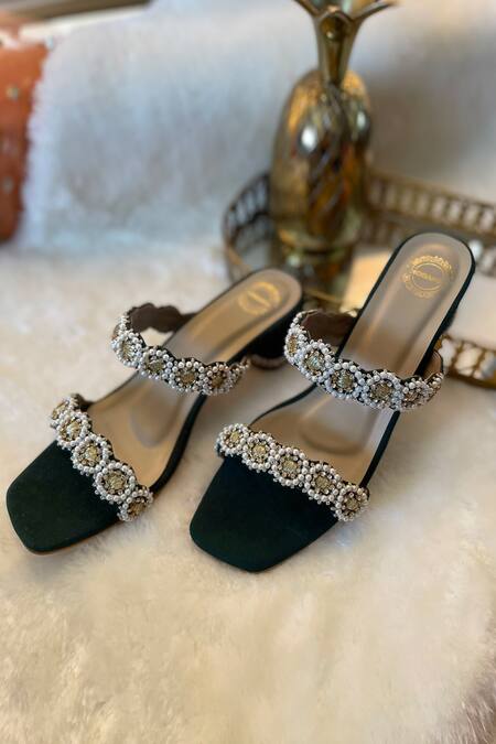 Buy_Modanta Footwear_Green Embroidery Diamond Block Heels _Online_at_Aza_Fashions