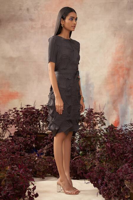 Pleats by Aruni_Grey Crushed Textured Dress_Online_at_Aza_Fashions