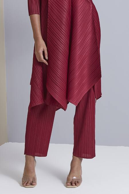 Scarlet Sage_Red 100% Polyester V Neck Zola Chevron Pleated Tunic And Pant Set_at_Aza_Fashions