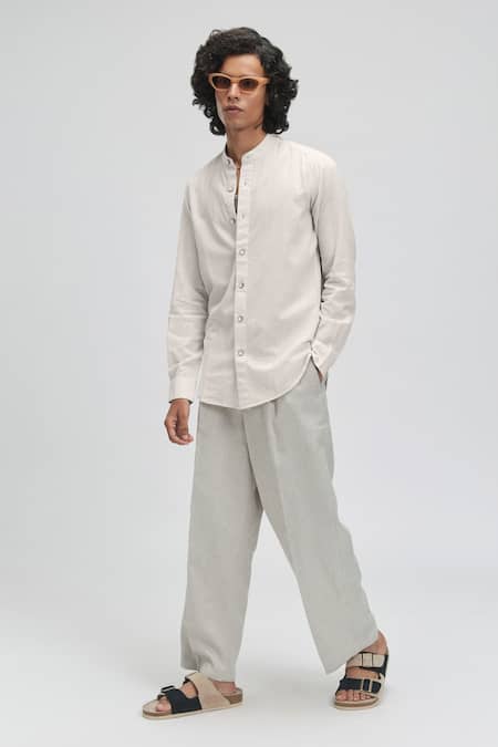 Terra Luna Off White 100% Organic Handloom Cotton Plain Puck Mandarin Collar Shirt 
