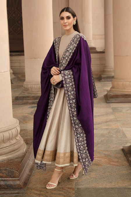 JAYANTI REDDY Beige Silk Round Embroidered Anarkali Set  