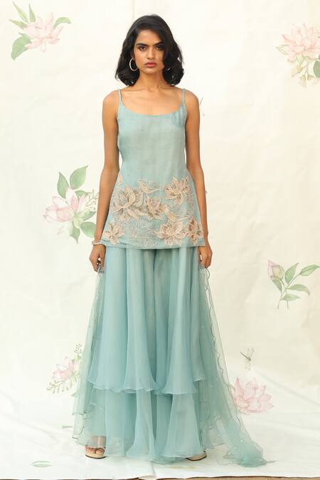 Taavare_Blue Organza, Tulle Boat Embroidered Kurta And Palazzo Set_Online_at_Aza_Fashions