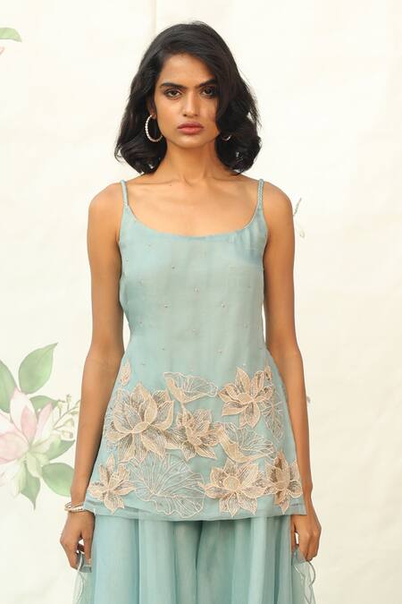 Buy_Taavare_Blue Organza, Tulle Boat Embroidered Kurta And Palazzo Set_Online_at_Aza_Fashions