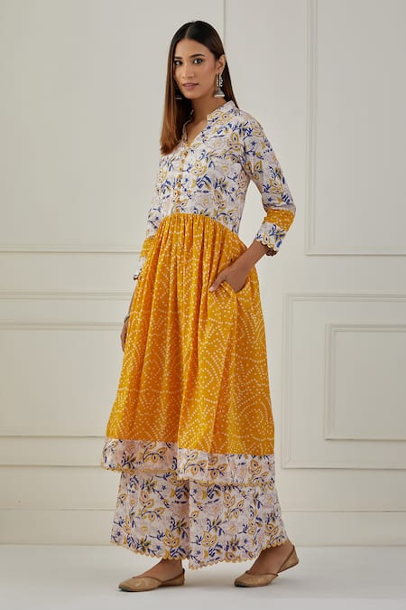 Musal_Yellow Cotton Embroidery, Lace Bandeau Basant Floral And Bandhani Anarkali Set _Online_at_Aza_Fashions