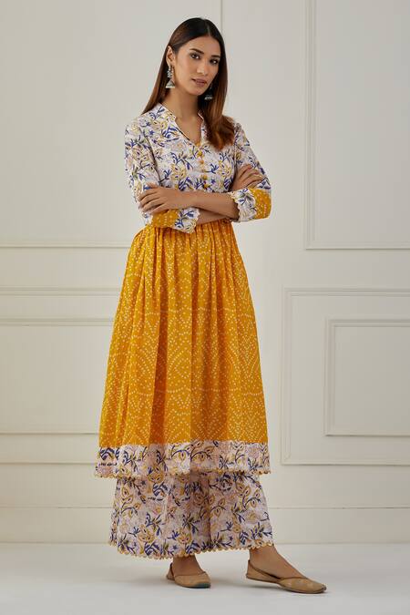 Buy_Musal_Yellow Cotton Embroidery, Lace Bandeau Basant Floral And Bandhani Anarkali Set _Online_at_Aza_Fashions