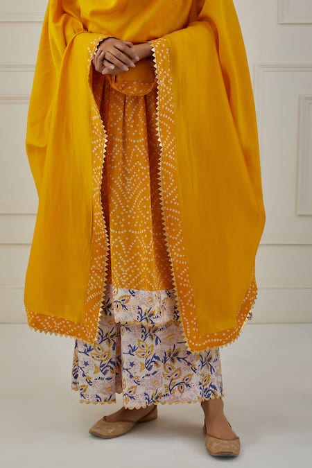 Shop_Musal_Yellow Cotton Embroidery, Lace Bandeau Basant Floral And Bandhani Anarkali Set _Online_at_Aza_Fashions