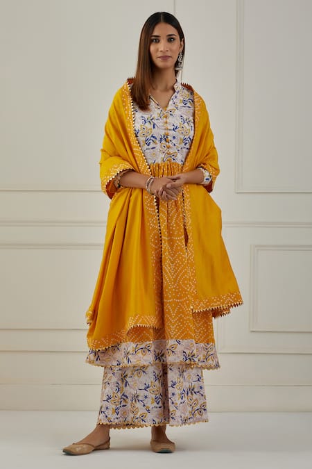 Musal_Yellow Cotton Embroidery, Lace Bandeau Basant Floral And Bandhani Anarkali Set _at_Aza_Fashions
