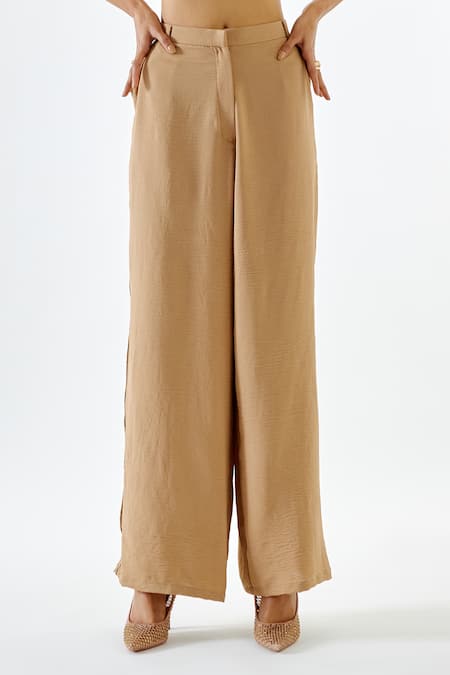 Echostudio_Beige Crepe Flared Pant _Online_at_Aza_Fashions