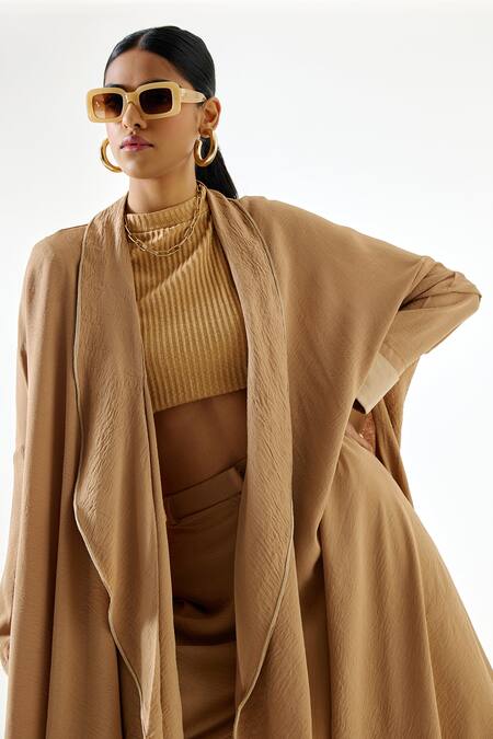 Buy Echostudio Beige Crepe Open Neck Asymmetric Hem Long Coat Online at Aza Fashions Buy_Echostudio_Beige Crepe Open Neck Asymmetric Hem Long Coat _Online_at_Aza_Fashions