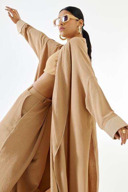 Echostudio Beige Crepe Open Neck Asymmetric Hem Long Coat at Aza Fashions Echostudio_Beige Crepe Open Neck Asymmetric Hem Long Coat _at_Aza_Fashions