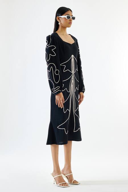 Echostudio_Black Crepe Embroidery V-neck Abstract Dress _at_Aza_Fashions