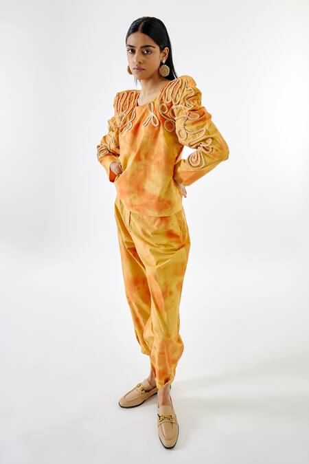 Shop_Echostudio_Yellow Cotton Tie Sunset Cropped Pant _Online_at_Aza_Fashions