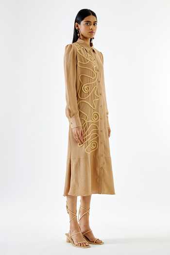Echostudio Beige Crepe Embroidery Shawl Neck Abstract Thread Work Dress Online at Aza Fashions Echostudio_Beige Crepe Embroidery Shawl Neck Abstract Thread Work Dress _Online_at_Aza_Fashions