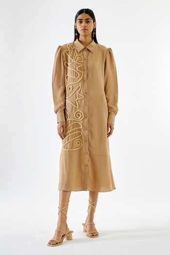Buy Echostudio Beige Crepe Embroidery Shawl Neck Abstract Thread Work Dress Online at Aza Fashions Buy_Echostudio_Beige Crepe Embroidery Shawl Neck Abstract Thread Work Dress _Online_at_Aza_Fashions