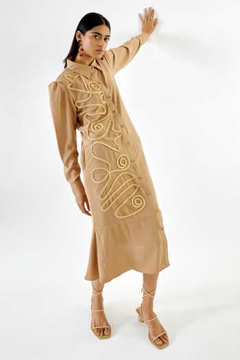 Shop Echostudio Beige Crepe Embroidery Shawl Neck Abstract Thread Work Dress Online at Aza Fashions Shop_Echostudio_Beige Crepe Embroidery Shawl Neck Abstract Thread Work Dress _Online_at_Aza_Fashions