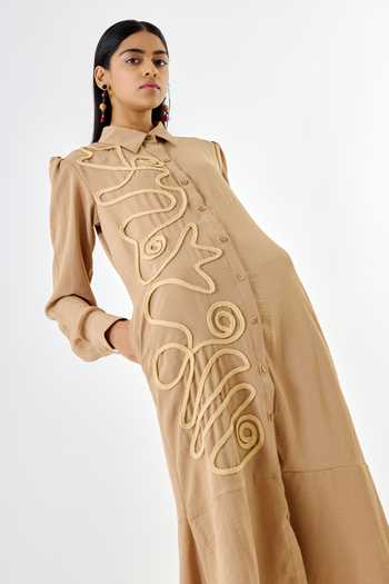Echostudio Beige Crepe Embroidery Shawl Neck Abstract Thread Work Dress at Aza Fashions Echostudio_Beige Crepe Embroidery Shawl Neck Abstract Thread Work Dress _at_Aza_Fashions