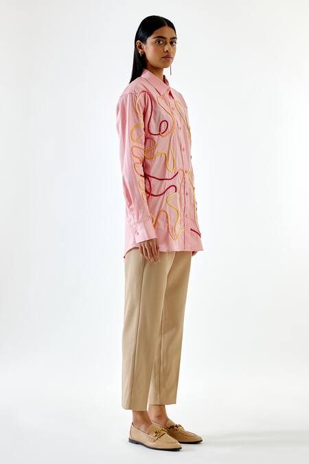 Echostudio Pink Cotton Piping Shawl Neck Button-down Shirt Online at Aza Fashions Echostudio_Pink Cotton Piping Shawl Neck Button-down Shirt _Online_at_Aza_Fashions