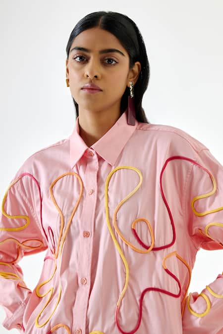 Buy Echostudio Pink Cotton Piping Shawl Neck Button-down Shirt Online at Aza Fashions Buy_Echostudio_Pink Cotton Piping Shawl Neck Button-down Shirt _Online_at_Aza_Fashions
