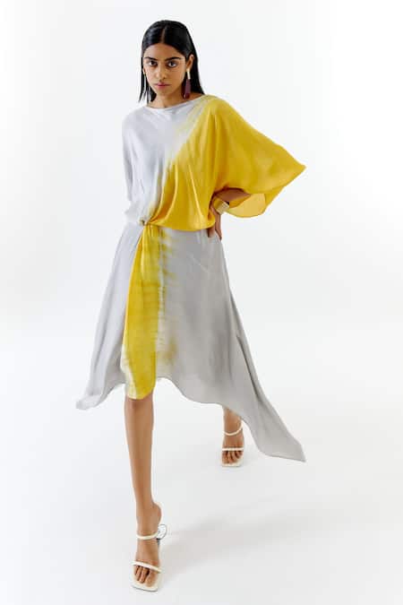 Shop_Echostudio_Grey Silk Boat Neck Draped Asymmetric Dress _Online_at_Aza_Fashions