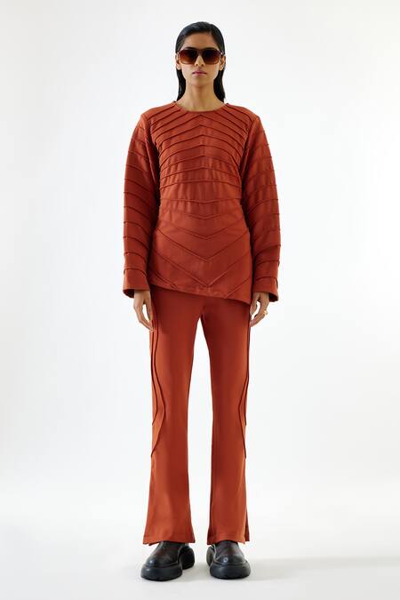 Echostudio Brown Cotton, Kota Doria Round Neck Asymmetric Hem Top And Flared Pant Set Online at Aza Fashions Echostudio_Brown Cotton, Kota Doria Round Neck Asymmetric Hem Top And Flared Pant Set _Online_at_Aza_Fashions