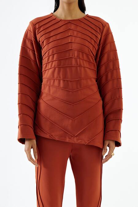 Buy Echostudio Brown Cotton, Kota Doria Round Neck Asymmetric Hem Top And Flared Pant Set Online at Aza Fashions Buy_Echostudio_Brown Cotton, Kota Doria Round Neck Asymmetric Hem Top And Flared Pant Set _Online_at_Aza_Fashions