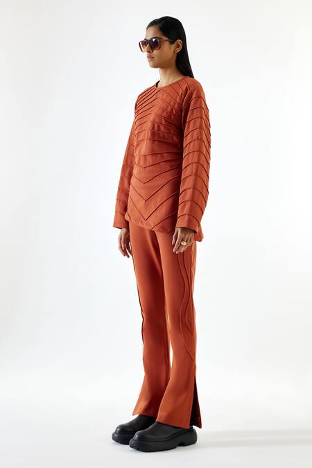 Shop Echostudio Brown Cotton, Kota Doria Round Neck Asymmetric Hem Top And Flared Pant Set Online at Aza Fashions Shop_Echostudio_Brown Cotton, Kota Doria Round Neck Asymmetric Hem Top And Flared Pant Set _Online_at_Aza_Fashions