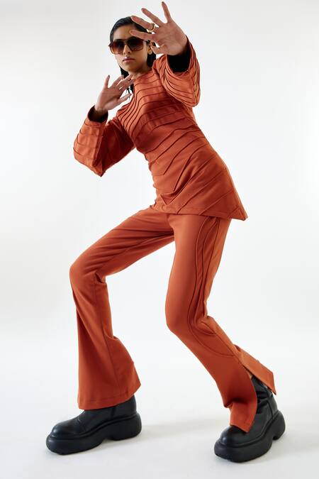 Echostudio Brown Cotton, Kota Doria Round Neck Asymmetric Hem Top And Flared Pant Set at Aza Fashions Echostudio_Brown Cotton, Kota Doria Round Neck Asymmetric Hem Top And Flared Pant Set _at_Aza_Fashions