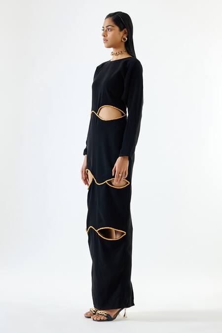 Echostudio Black Crepe Beads Round Neck Cut-out Detail Dress Online at Aza Fashions Echostudio_Black Crepe Beads Round Neck Cut-out Detail Dress _Online_at_Aza_Fashions