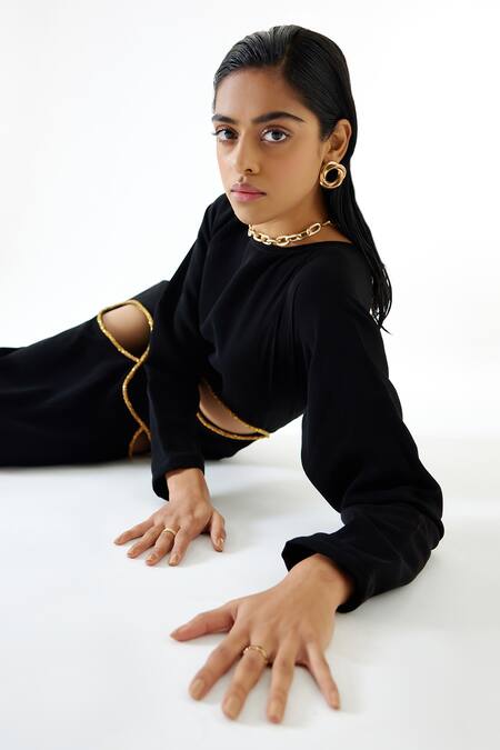 Shop Echostudio Black Crepe Beads Round Neck Cut-out Detail Dress Online at Aza Fashions Shop_Echostudio_Black Crepe Beads Round Neck Cut-out Detail Dress _Online_at_Aza_Fashions