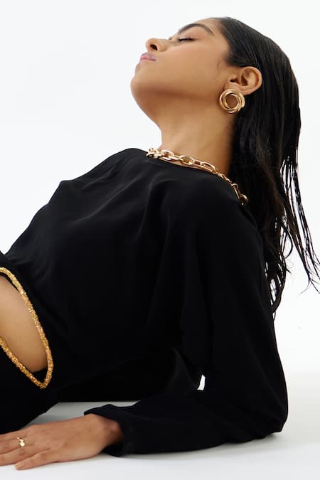 Echostudio Black Crepe Beads Round Neck Cut-out Detail Dress at Aza Fashions Echostudio_Black Crepe Beads Round Neck Cut-out Detail Dress _at_Aza_Fashions