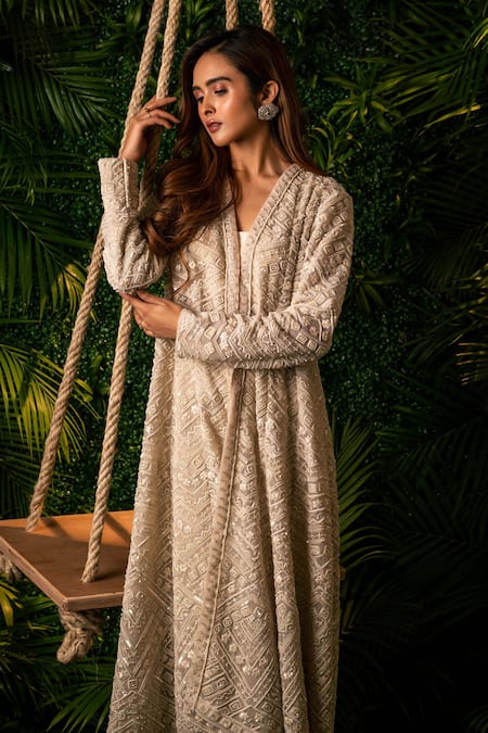 Pallavi Poddar_Ivory Satin, Lycra, Net Sequins, Embroidered Geometric Pattern Jacket And Pant Set _at_Aza_Fashions
