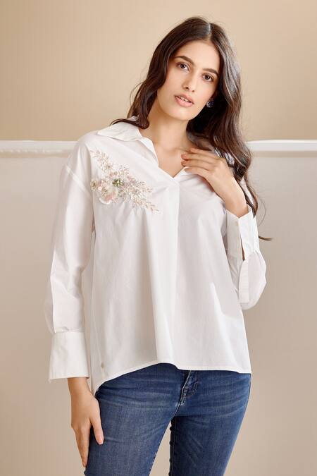 Buy White Cotton Applique Embroidered 3d Flower Nisha Floral Work