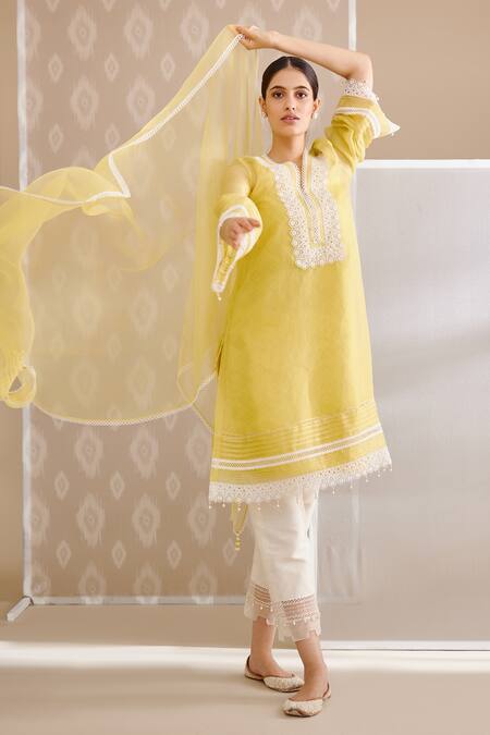 Bunka_Yellow Silk Organza Embellished Crochet Lace Salma Straight Set _Online_at_Aza_Fashions