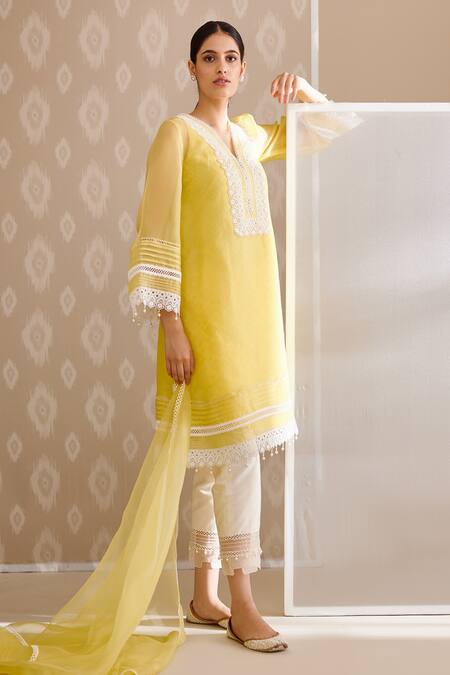 Shop_Bunka_Yellow Silk Organza Embellished Crochet Lace Salma Straight Set _Online_at_Aza_Fashions