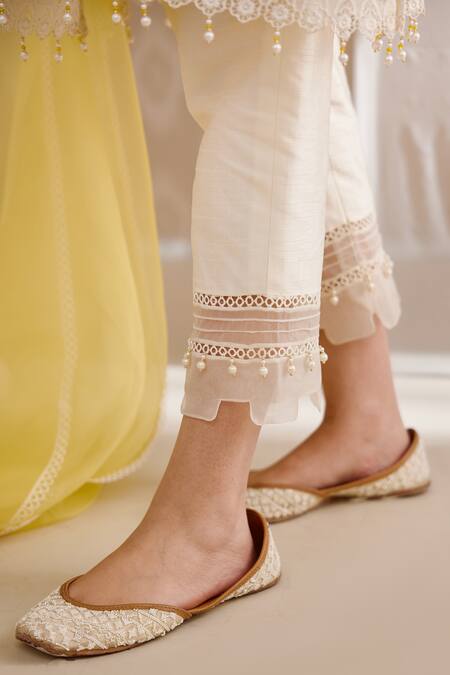 Bunka_Yellow Silk Organza Embellished Crochet Lace Salma Straight Set _at_Aza_Fashions